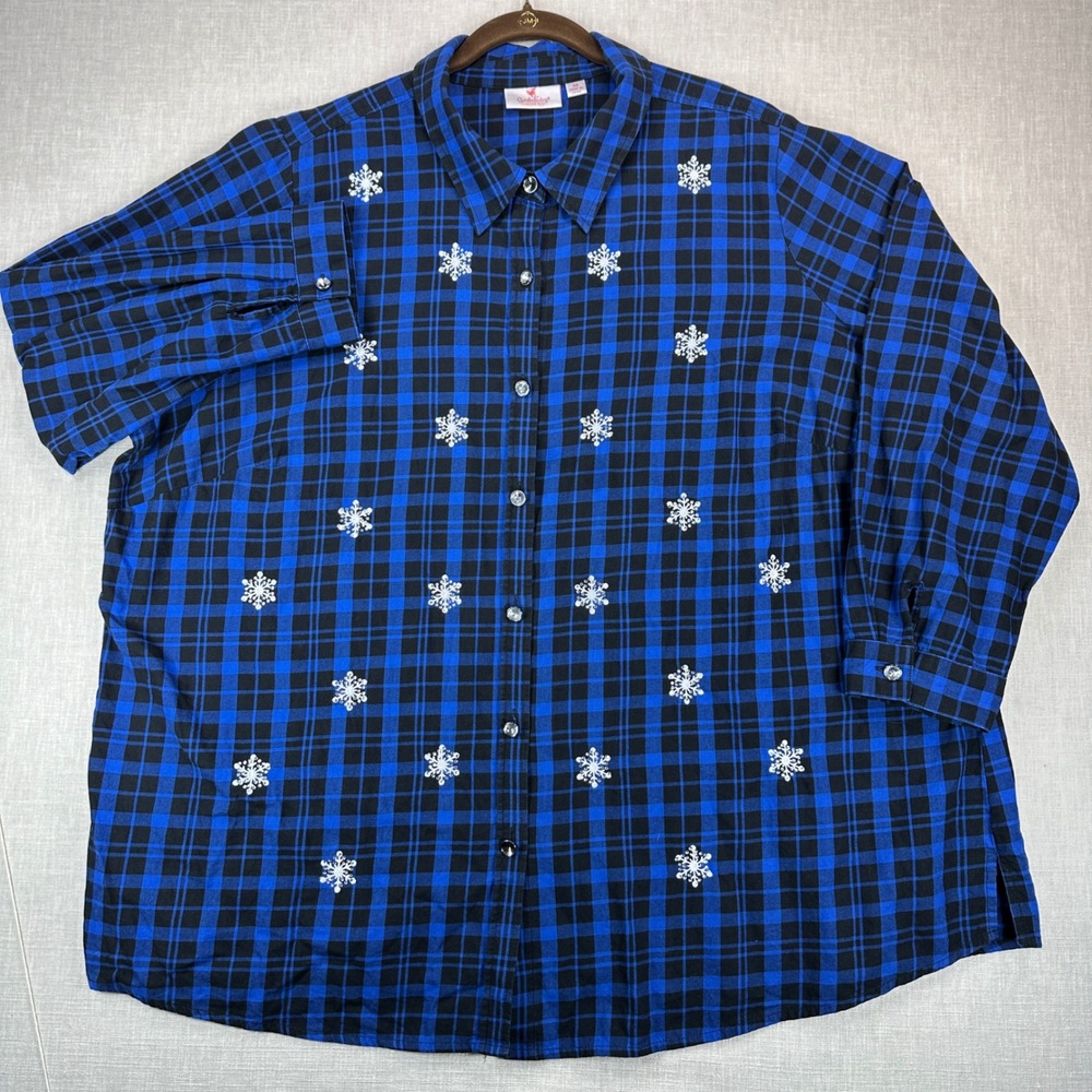 Quacker Factory Womens 3X Blue Black Plaid Snowflake Rhinestone Holiday Shirt